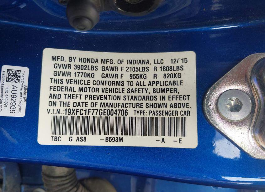 Photo 9 of 2016 Honda Civic EX-L (VIN 19XFC1F77GE004706)