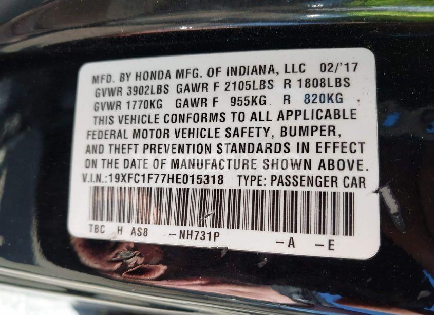 Photo 9 of 2017 Honda Civic EX-L (VIN 19XFC1F77HE015318)