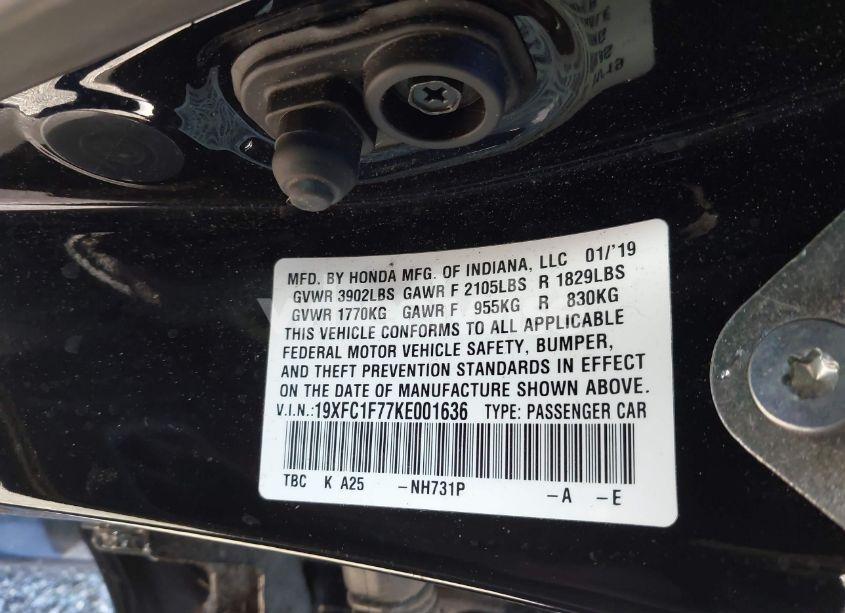 Photo 9 of 2019 Honda Civic EX-L (VIN 19XFC1F77KE001636)