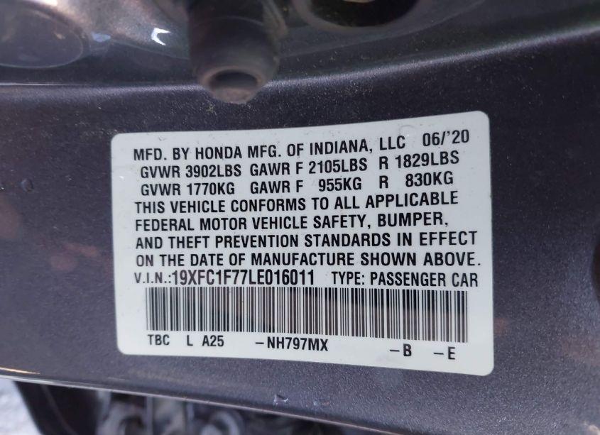 Photo 9 of 2020 Honda Civic EX-L (VIN 19XFC1F77LE016011)
