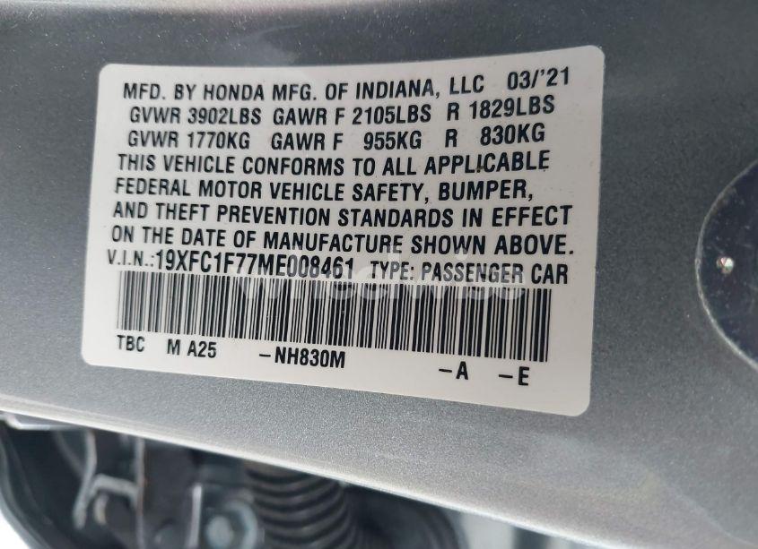 Photo 9 of 2021 Honda Civic EX-L (VIN 19XFC1F77ME008461)