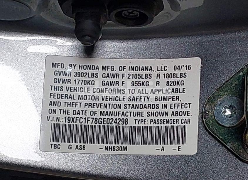 Photo 9 of 2016 Honda Civic EX-L (VIN 19XFC1F78GE024298)