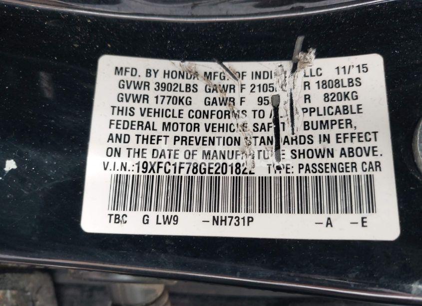 Photo 9 of 2016 Honda Civic EX-L (VIN 19XFC1F78GE201822)
