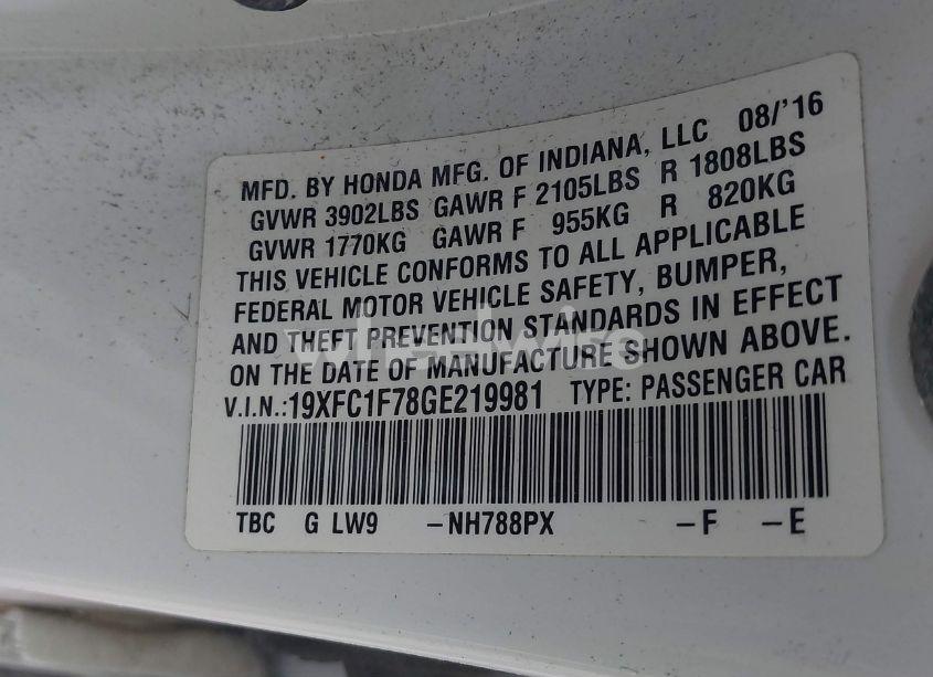 Photo 9 of 2016 Honda Civic EX-L (VIN 19XFC1F78GE219981)