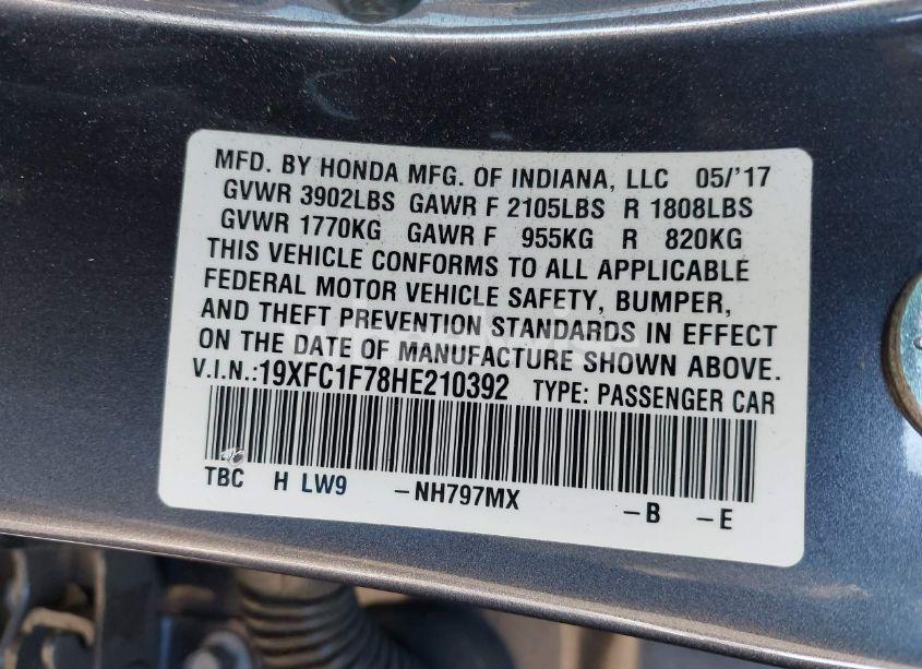 Photo 9 of 2017 Honda Civic EX-L (VIN 19XFC1F78HE210392)