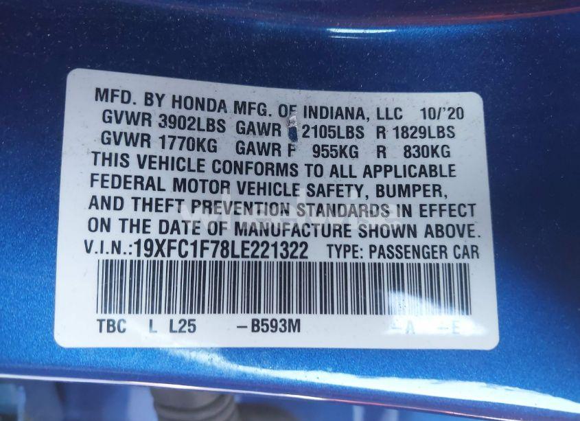 Photo 9 of 2020 Honda Civic EX-L (VIN 19XFC1F78LE221322)