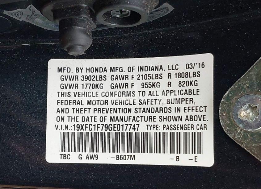Photo 9 of 2016 Honda Civic EX-L (VIN 19XFC1F79GE017747)