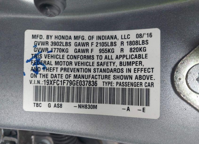 Photo 9 of 2016 Honda Civic EX-L (VIN 19XFC1F79GE037836)