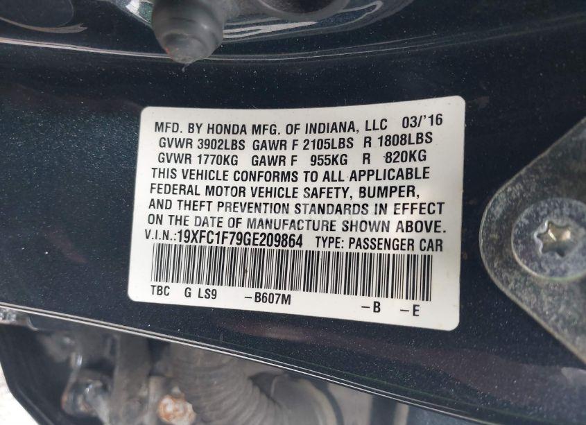 Photo 9 of 2016 Honda Civic EX-L (VIN 19XFC1F79GE209864)
