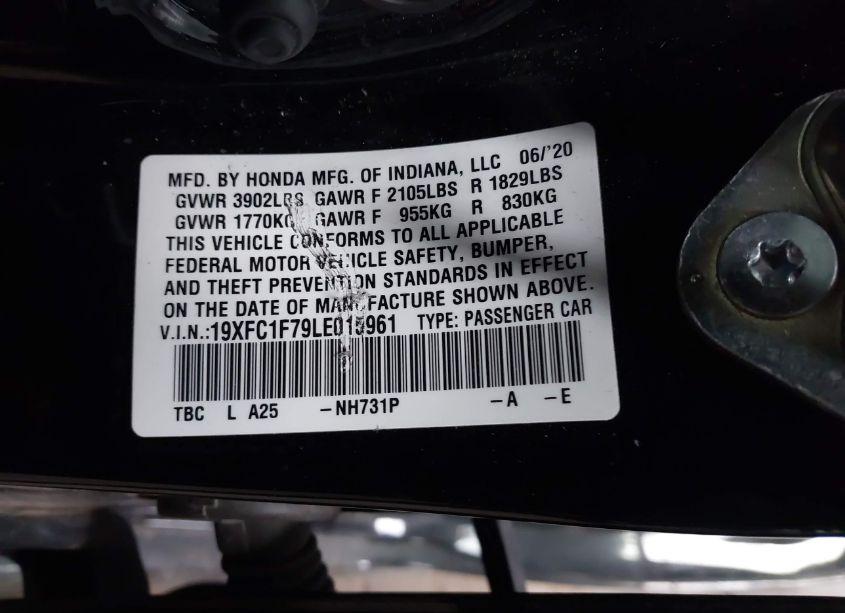 Photo 9 of 2020 Honda Civic EX-L (VIN 19XFC1F79LE015961)