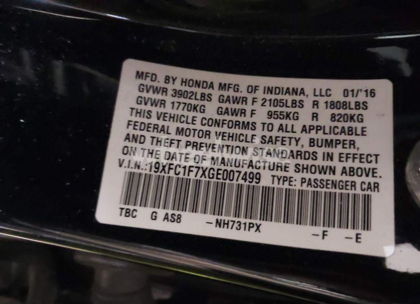 Photo 9 of 2016 Honda Civic EX-L (VIN 19XFC1F7XGE007499)