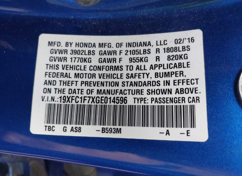 Photo 9 of 2016 Honda Civic EX-L (VIN 19XFC1F7XGE014596)