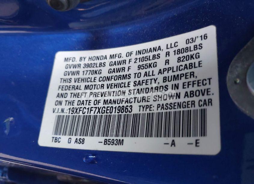 Photo 9 of 2016 Honda Civic EX-L (VIN 19XFC1F7XGE019863)