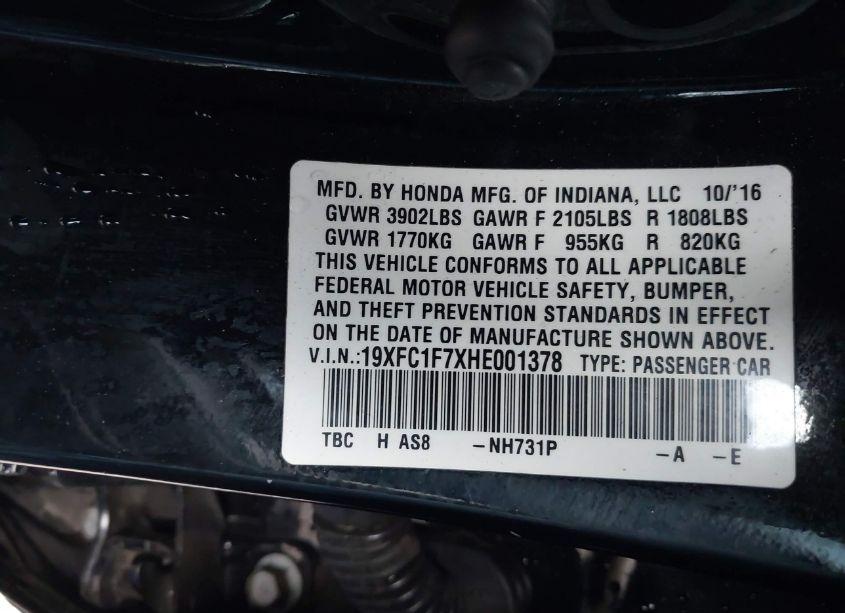 Photo 9 of 2017 Honda Civic EX-L (VIN 19XFC1F7XHE001378)
