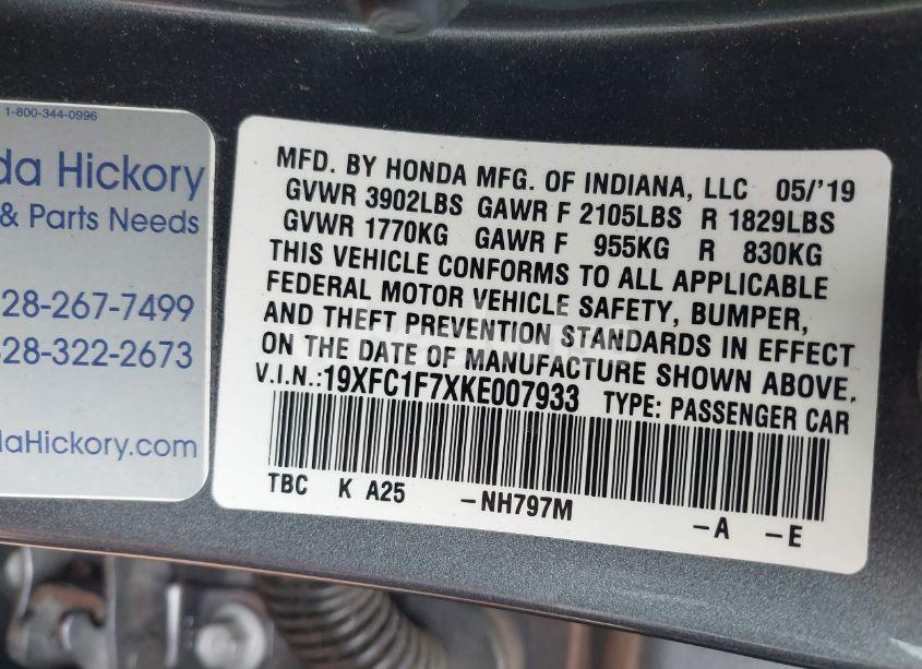 Photo 9 of 2019 Honda Civic EX-L (VIN 19XFC1F7XKE007933)