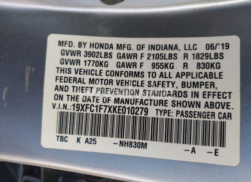 Photo 9 of 2019 Honda Civic EX-L (VIN 19XFC1F7XKE010279)