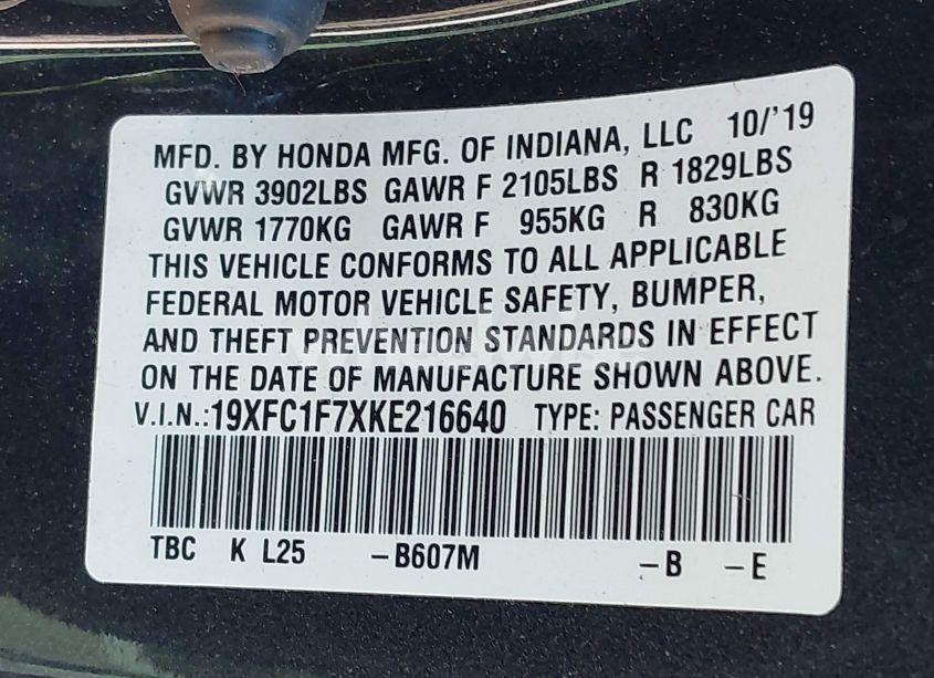 Photo 9 of 2019 Honda Civic EX-L (VIN 19XFC1F7XKE216640)