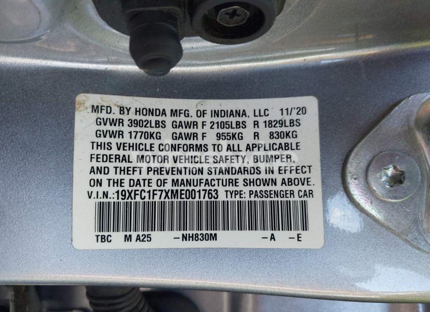 Photo 9 of 2021 Honda Civic EX-L (VIN 19XFC1F7XME001763)