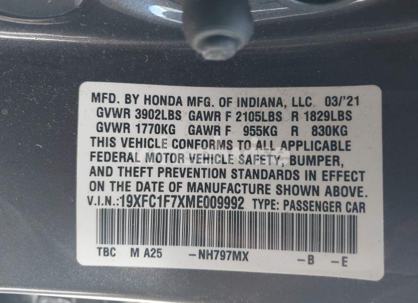 Photo 9 of 2021 Honda Civic EX-L (VIN 19XFC1F7XME009992)