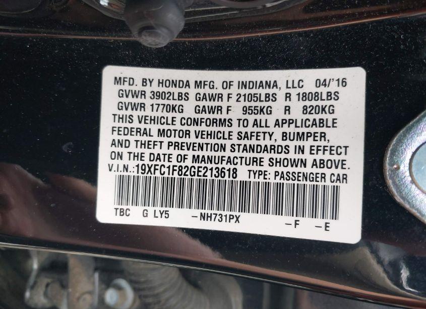Photo 9 of 2016 Honda Civic EX-L (VIN 19XFC1F82GE213618)