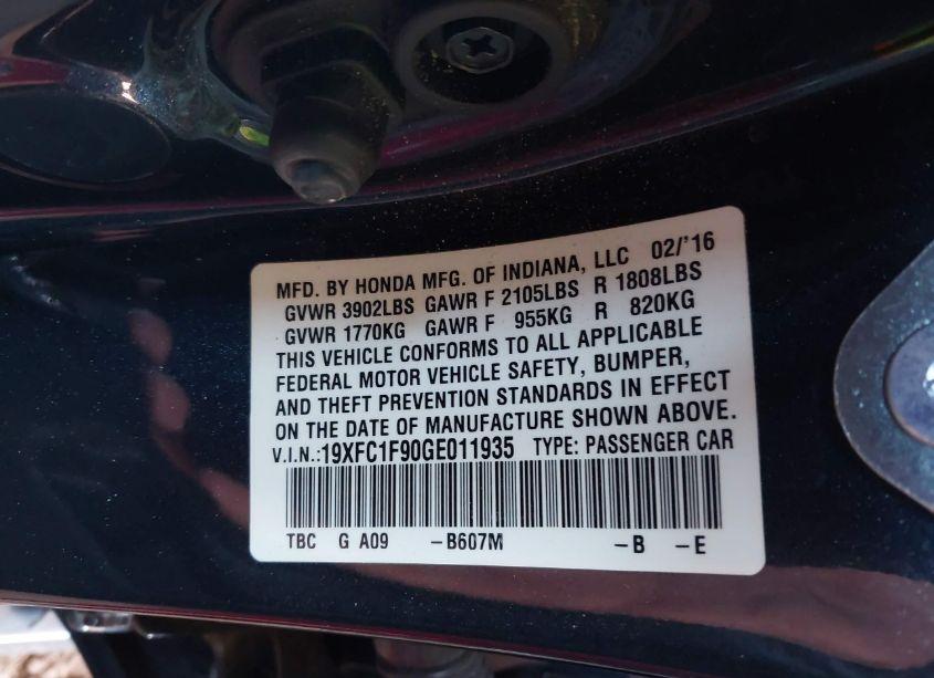 Photo 9 of 2016 Honda Civic TOURING (VIN 19XFC1F90GE011935)