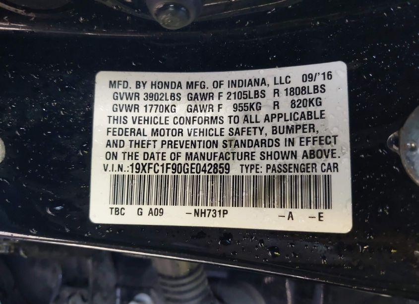 Photo 9 of 2016 Honda Civic TOURING (VIN 19XFC1F90GE042859)