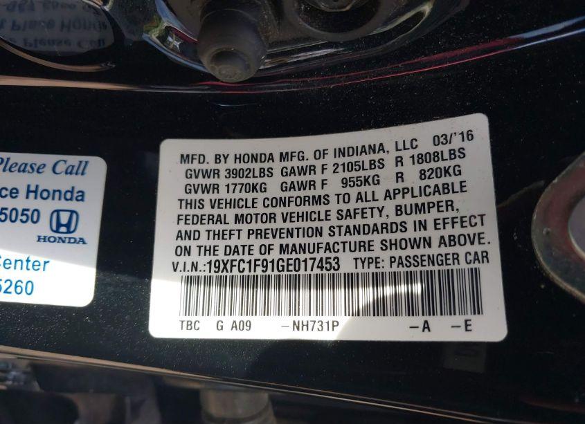 Photo 9 of 2016 Honda Civic TOURING (VIN 19XFC1F91GE017453)