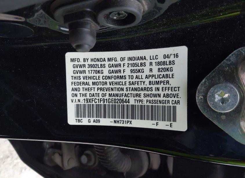 Photo 9 of 2016 Honda Civic TOURING (VIN 19XFC1F91GE020644)