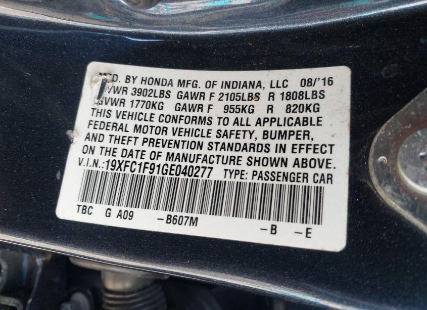 Photo 9 of 2016 Honda Civic TOURING (VIN 19XFC1F91GE040277)