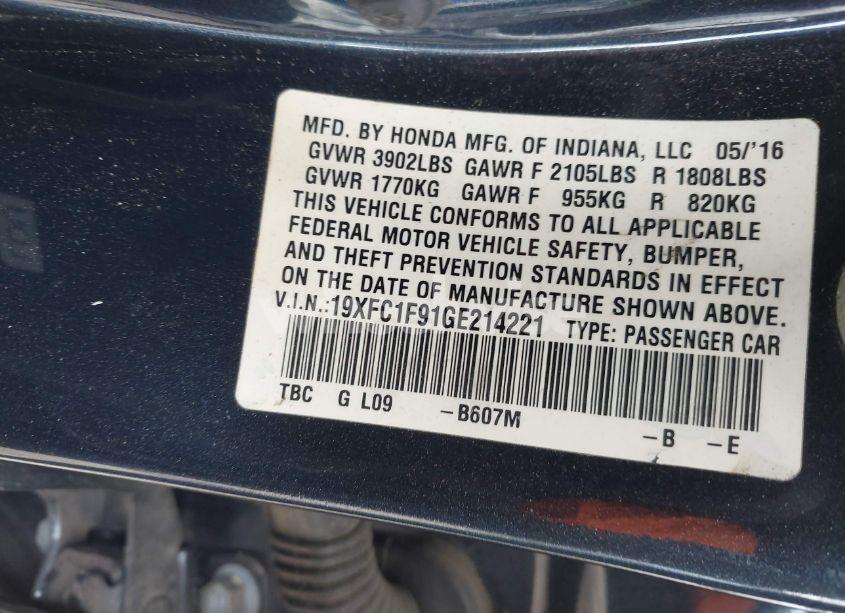 Photo 9 of 2016 Honda Civic TOURING (VIN 19XFC1F91GE214221)