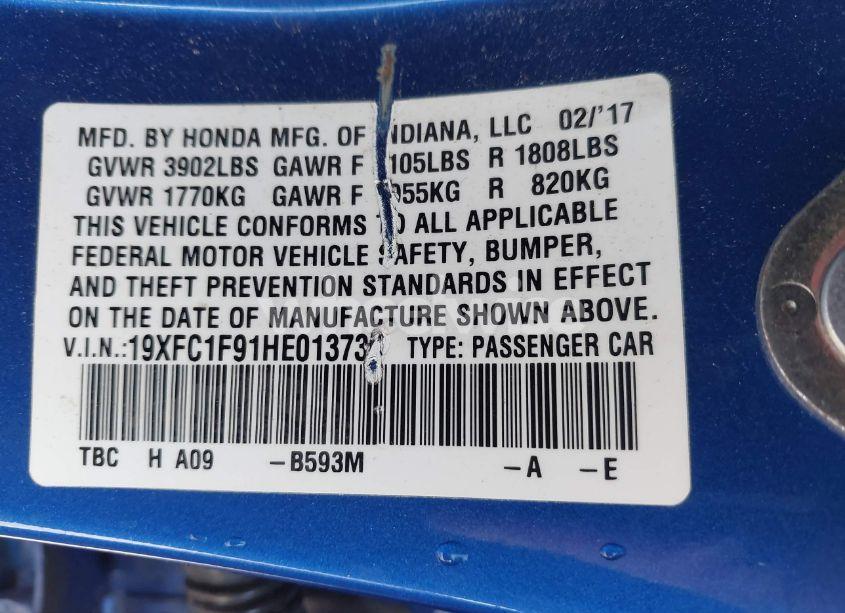Photo 9 of 2017 Honda Civic TOURING (VIN 19XFC1F91HE013730)