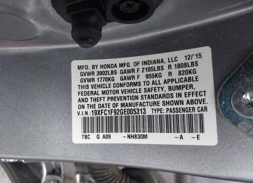 Photo 9 of 2016 Honda Civic TOURING (VIN 19XFC1F92GE005313)