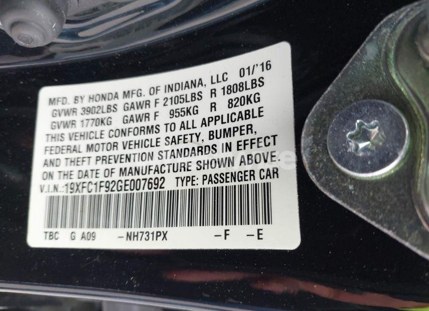 Photo 9 of 2016 Honda Civic TOURING (VIN 19XFC1F92GE007692)