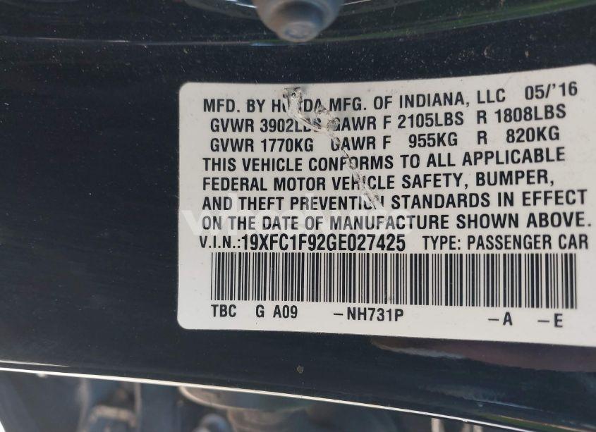 Photo 9 of 2016 Honda Civic TOURING (VIN 19XFC1F92GE027425)