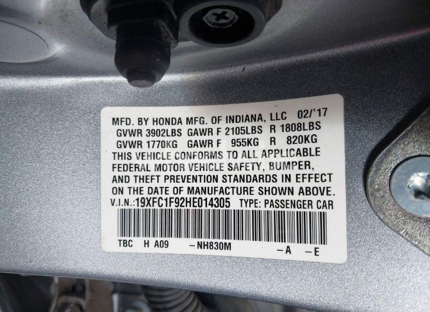 Photo 9 of 2017 Honda Civic TOURING (VIN 19XFC1F92HE014305)