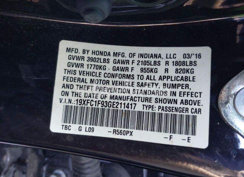 Photo 9 of 2016 Honda Civic TOURING (VIN 19XFC1F93GE211417)