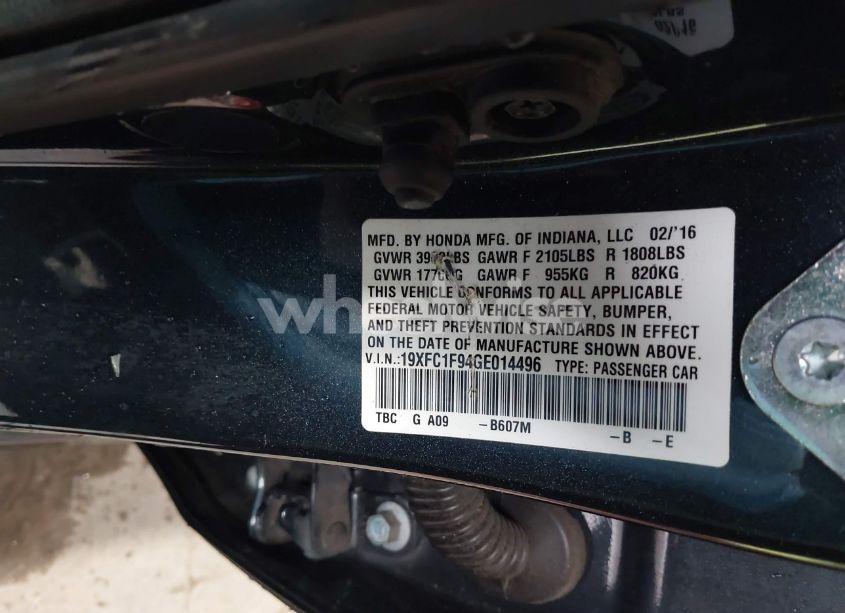 Photo 9 of 2016 Honda Civic TOURING (VIN 19XFC1F94GE014496)