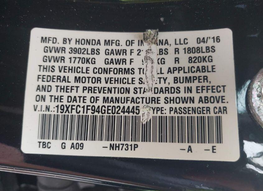 Photo 9 of 2016 Honda Civic TOURING (VIN 19XFC1F94GE024445)