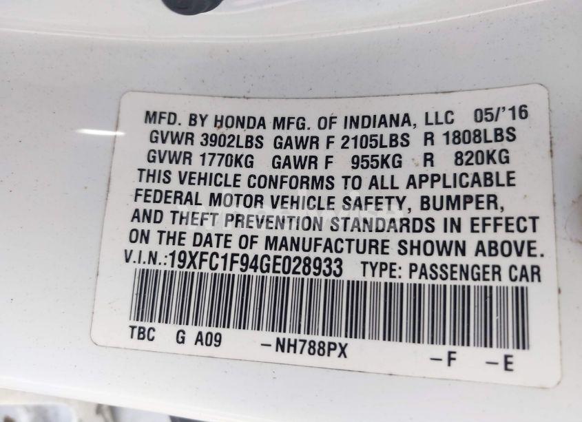 Photo 9 of 2016 Honda Civic TOURING (VIN 19XFC1F94GE028933)