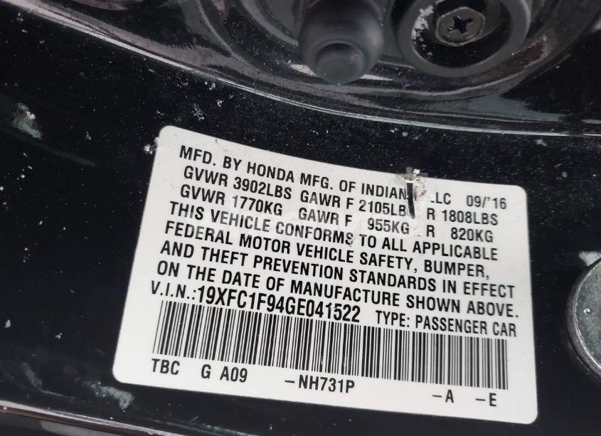 Photo 9 of 2016 Honda Civic TOURING (VIN 19XFC1F94GE041522)