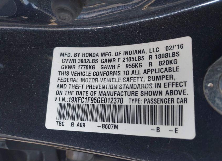 Photo 9 of 2016 Honda Civic TOURING (VIN 19XFC1F95GE012370)