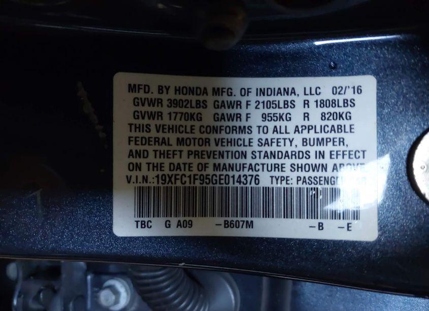 Photo 9 of 2016 Honda Civic TOURING (VIN 19XFC1F95GE014376)