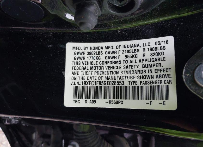 Photo 9 of 2016 Honda Civic TOURING (VIN 19XFC1F95GE028553)