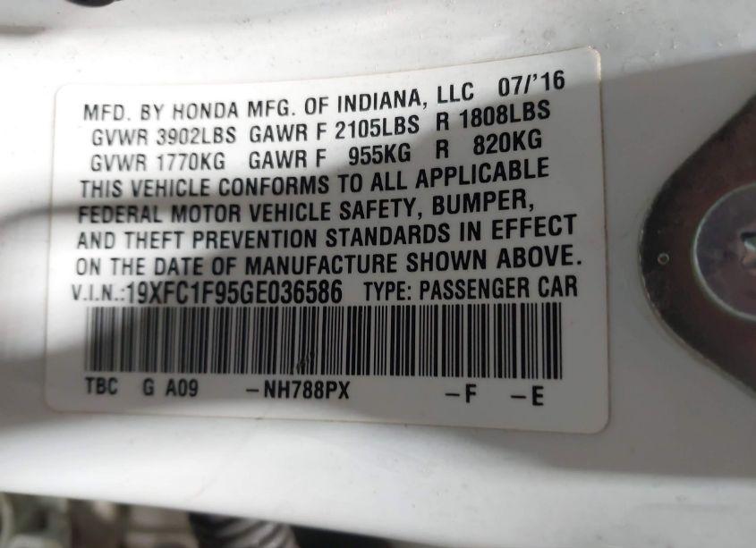Photo 9 of 2016 Honda Civic TOURING (VIN 19XFC1F95GE036586)