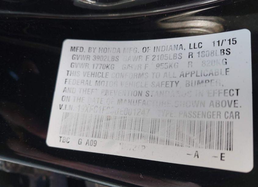 Photo 9 of 2016 Honda Civic TOURING (VIN 19XFC1F96GE001247)