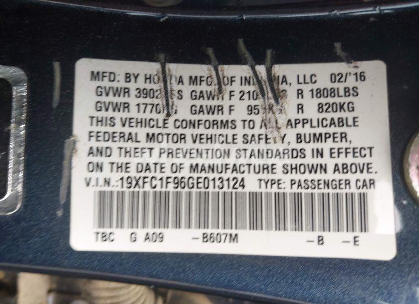 Photo 9 of 2016 Honda Civic TOURING (VIN 19XFC1F96GE013124)