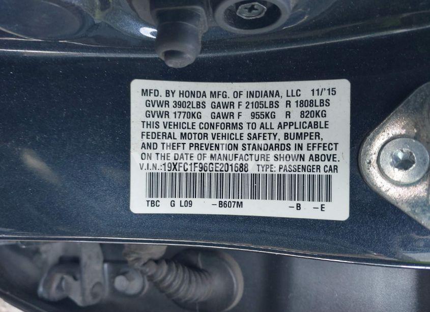 Photo 9 of 2016 Honda Civic TOURING (VIN 19XFC1F96GE201688)