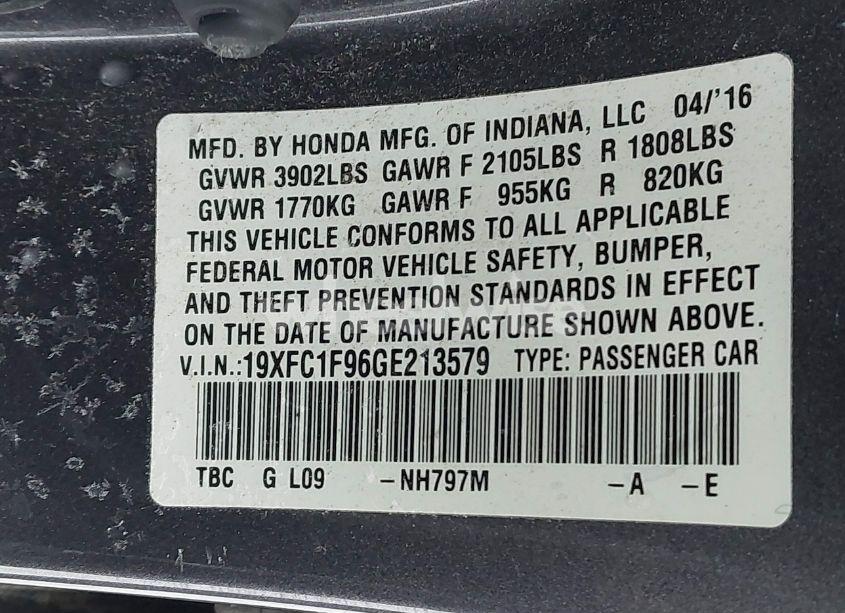 Photo 9 of 2016 Honda Civic TOURING (VIN 19XFC1F96GE213579)