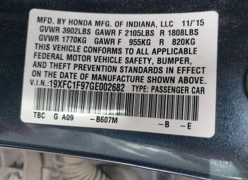 Photo 9 of 2016 Honda Civic TOURING (VIN 19XFC1F97GE002682)