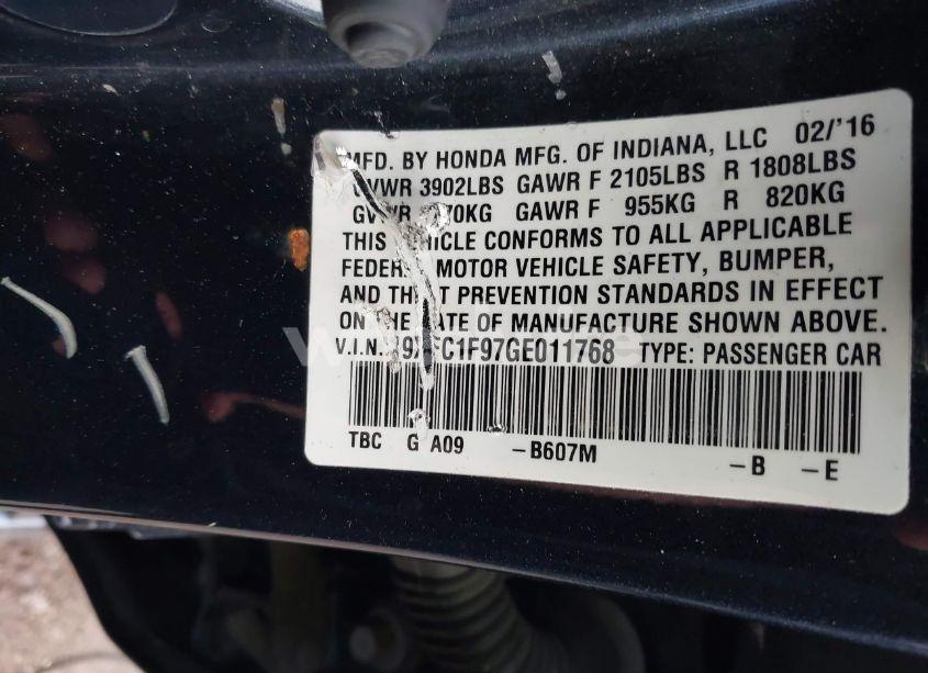 Photo 9 of 2016 Honda Civic TOURING (VIN 19XFC1F97GE011768)